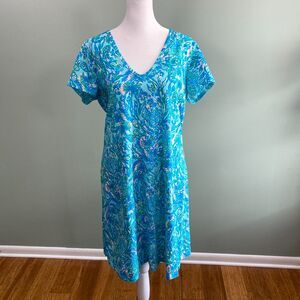 Lilly Pulitizer Etta Short Sleeve Dress Pima Cotton Knee Womens Large Surf Blue